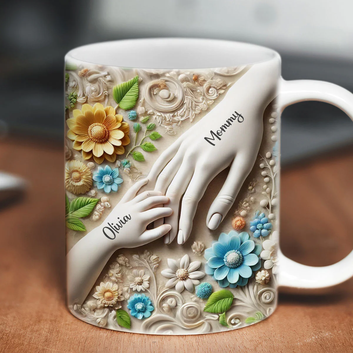 Daughter Son Holding Mother Hand Personalized 3D Effect Mug, Gift for Mom, Grandma - Image 4