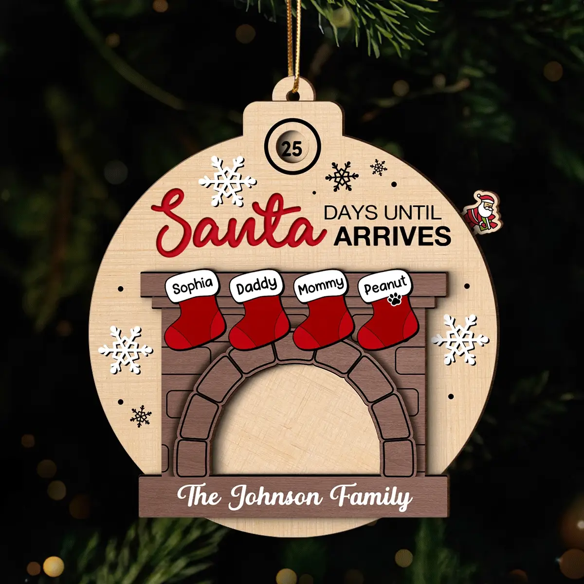 Days Till Santa Arrives Family Christmas Stockings Fireplace Personalized Countdown Ornament - Image 2