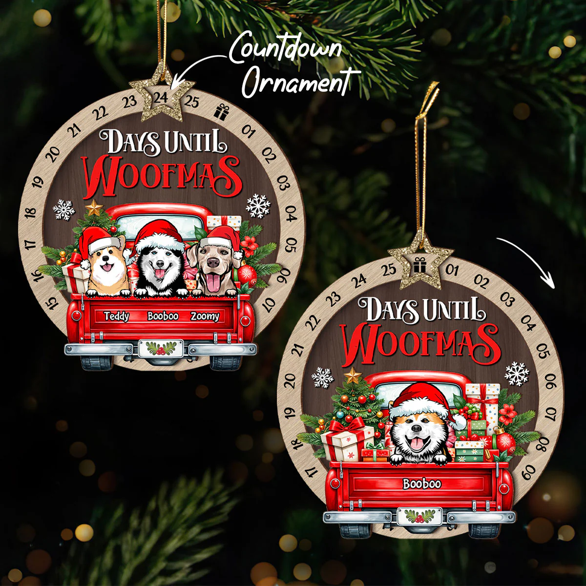 Days Until Woofmas Dogs On Truck Personalized Countdown Ornament, Christmas Gift For Dog Lovers