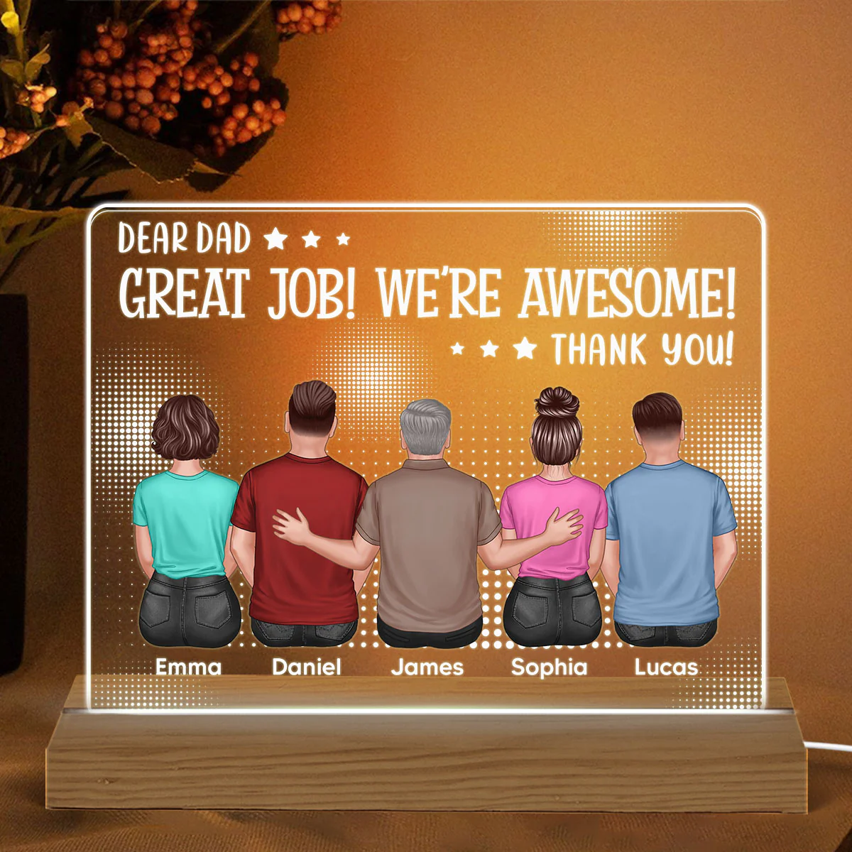 Dear Dad Great Job We‘re Awesome Back View Dad And Daughters Sons Sitting Personalized Custom Shape Acrylic Plaque Warm LED Night Light - Image 2