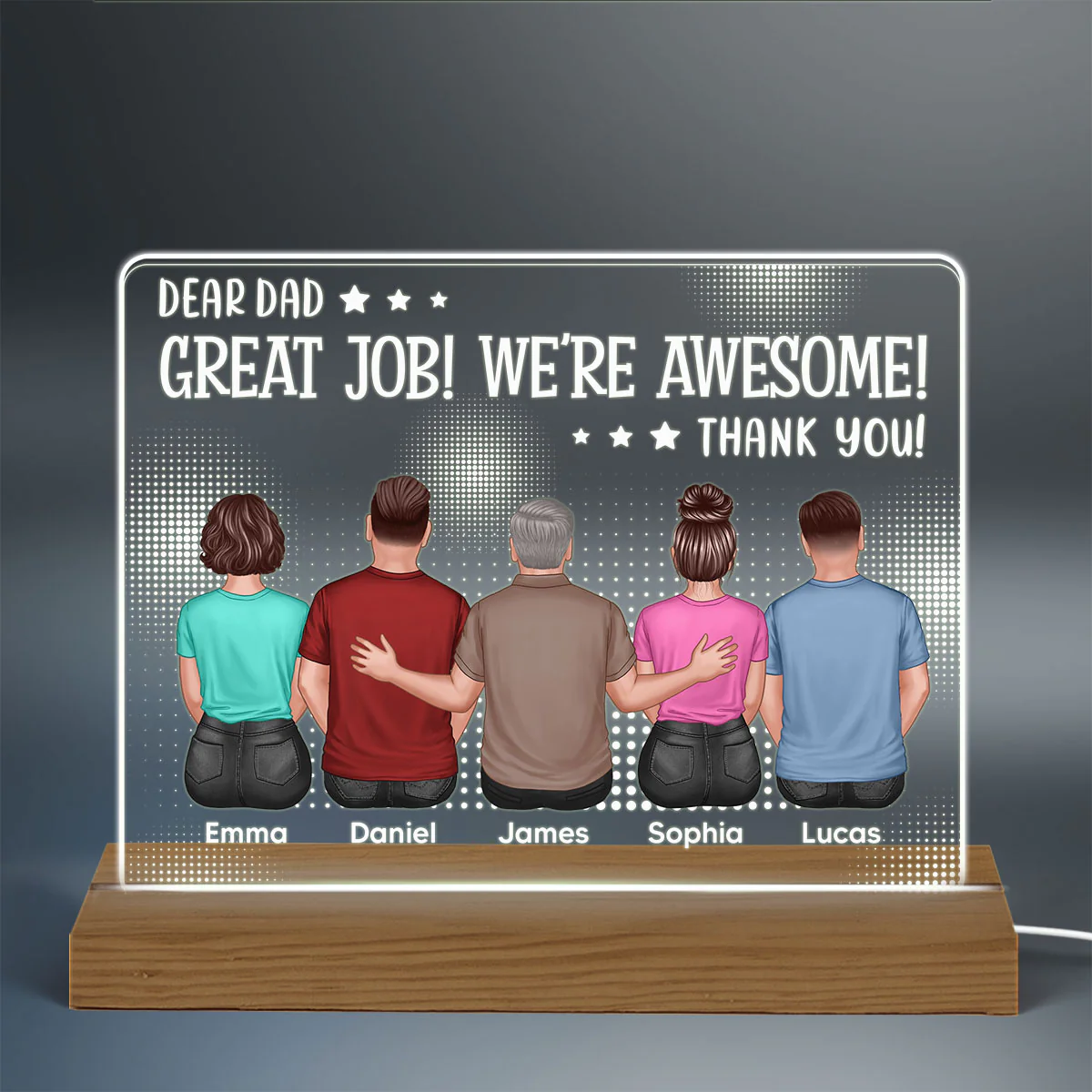 Dear Dad Great Job We‘re Awesome Back View Dad And Daughters Sons Sitting Personalized Custom Shape Acrylic Plaque Warm LED Night Light - Image 3