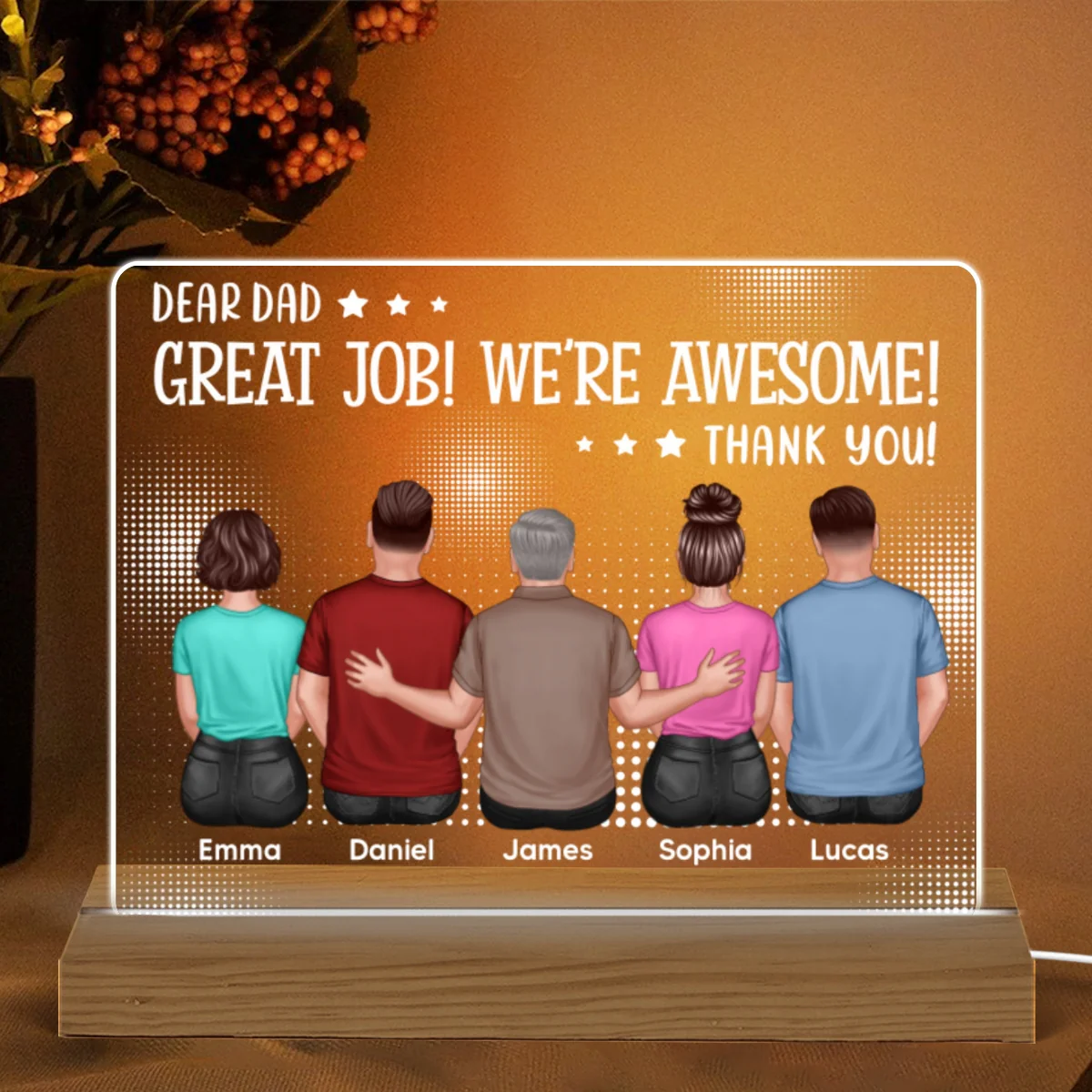 Dear Dad Great Job We‘re Awesome Back View Dad And Daughters Sons Sitting Personalized Custom Shape Acrylic Plaque Warm LED Night Light - Image 4