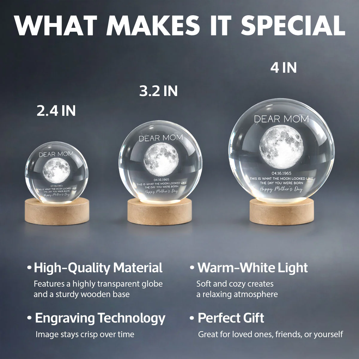 Dear Mom The Day You Were Born Custom Birth Moon Phase - Personalized Crystal Ball LED Night Light - Mother's Day Gift For Mom - Image 9
