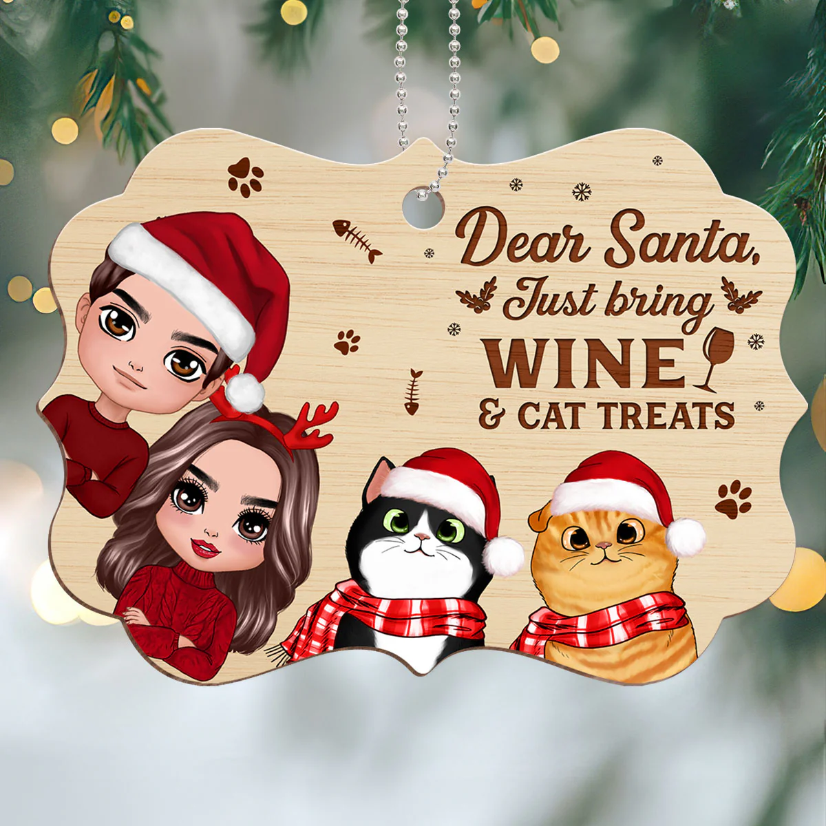 Dear Santa Just Bring Wine & Cat Treats Funny Personalized Wooden Ornament - Image 2