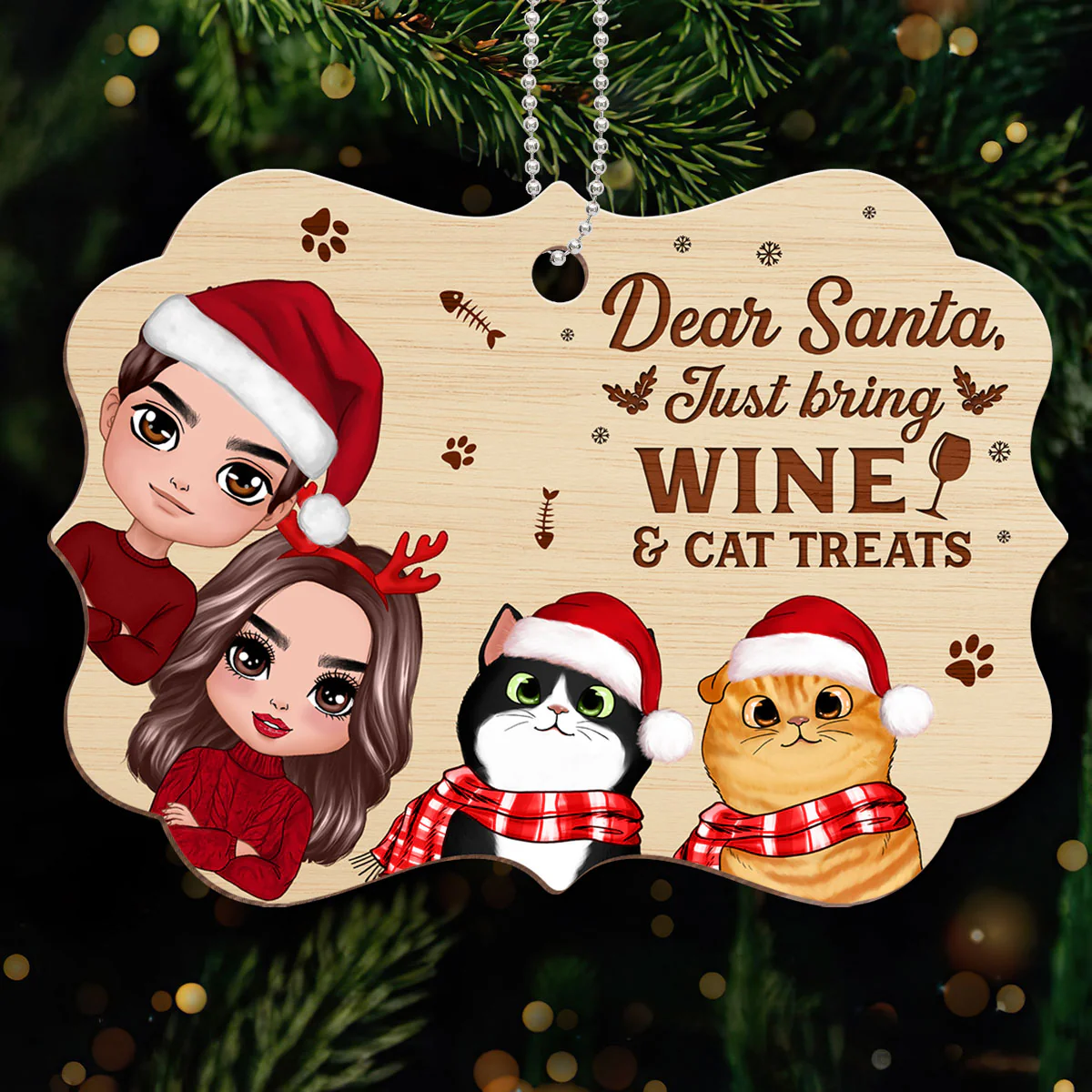Dear Santa Just Bring Wine & Cat Treats Funny Personalized Wooden Ornament - Image 3