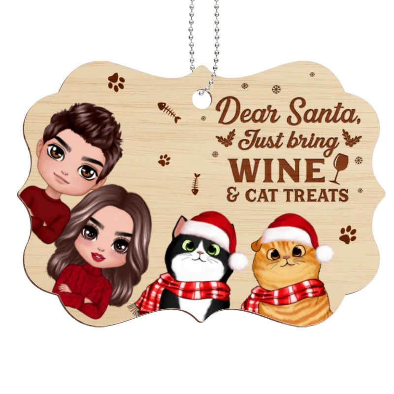 Dear Santa Just Bring Wine & Cat Treats Funny Personalized Wooden Ornament - Image 5