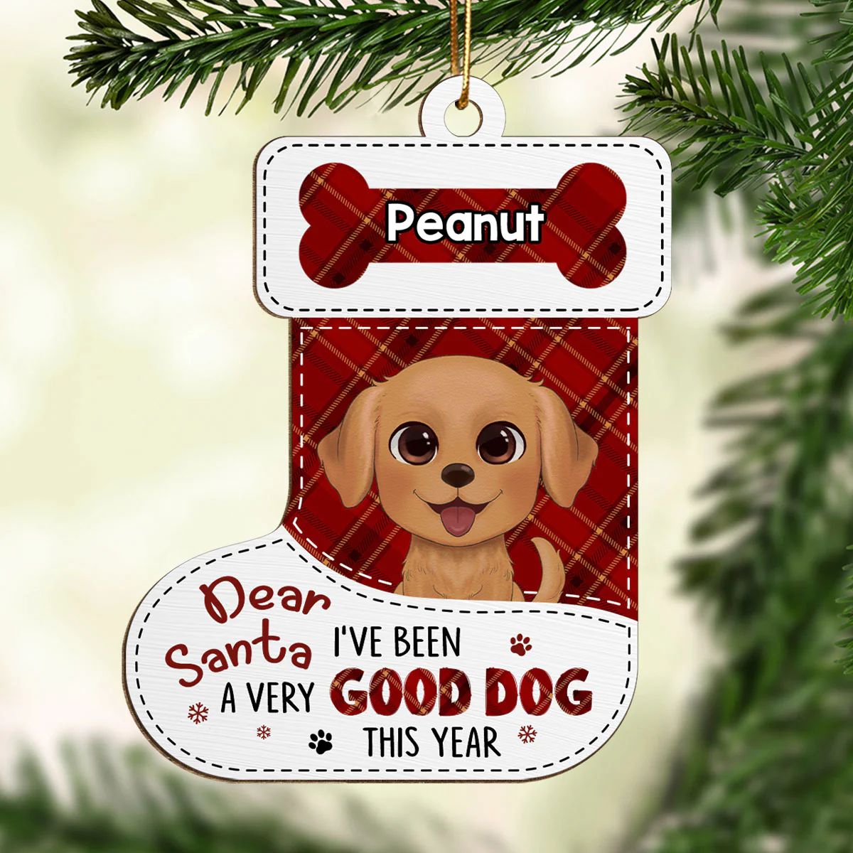 Dear Santa Watercolor Cute Dogs Stocking Shape Personalized Wooden Ornament - Image 2