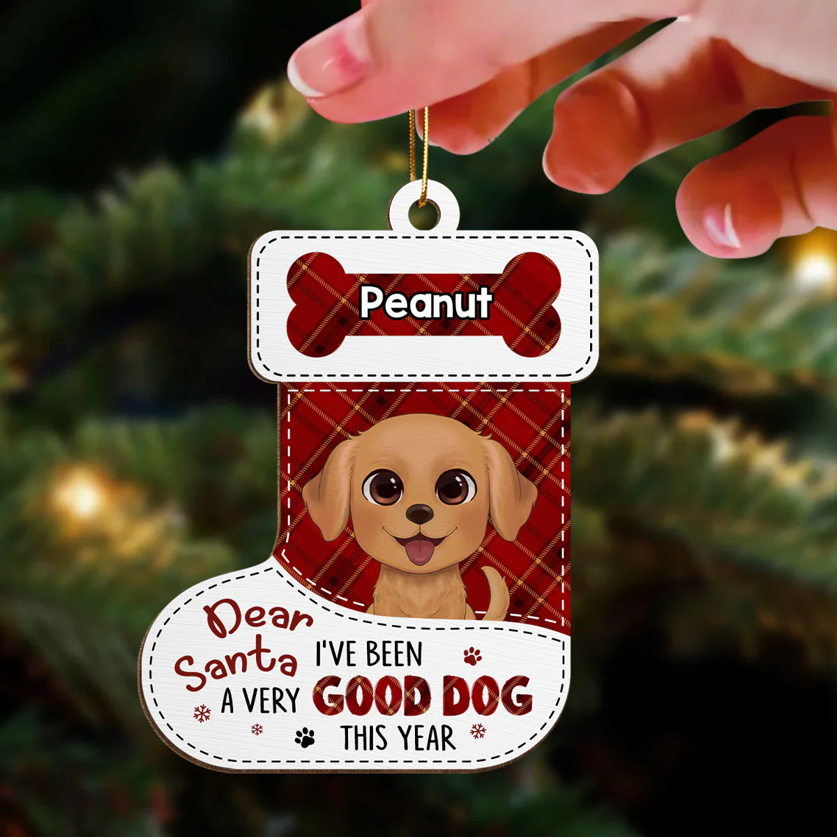Dear Santa Watercolor Cute Dogs Stocking Shape Personalized Wooden Ornament - Image 3