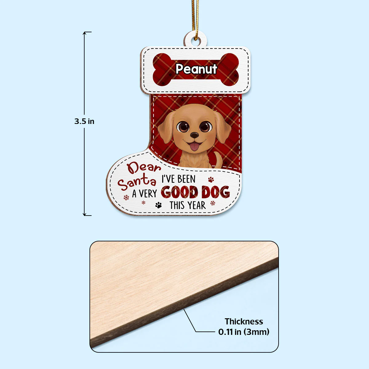 Dear Santa Watercolor Cute Dogs Stocking Shape Personalized Wooden Ornament - Image 4