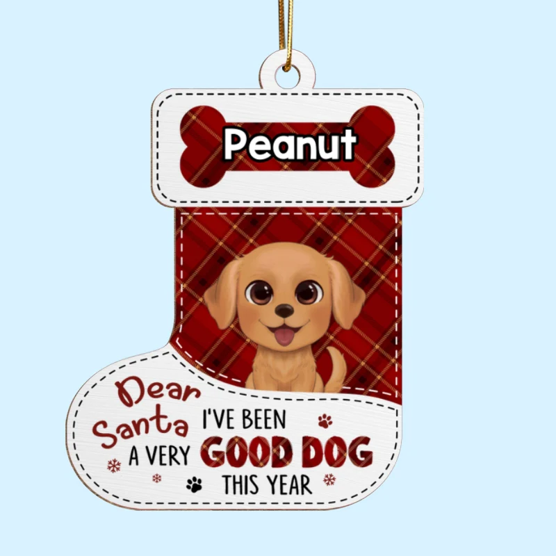 Dear Santa Watercolor Cute Dogs Stocking Shape Personalized Wooden Ornament - Image 5