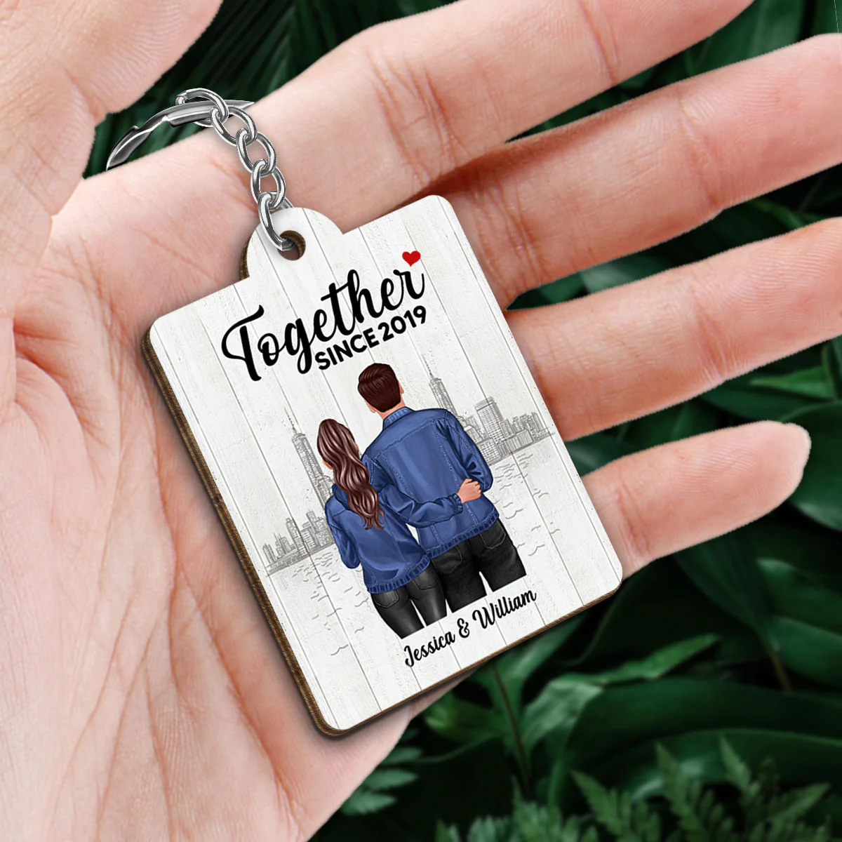 Denim Back View Couple Standing Hugging Favorite Song Scannable QR Code Personalized Wooden Keychain - Image 2