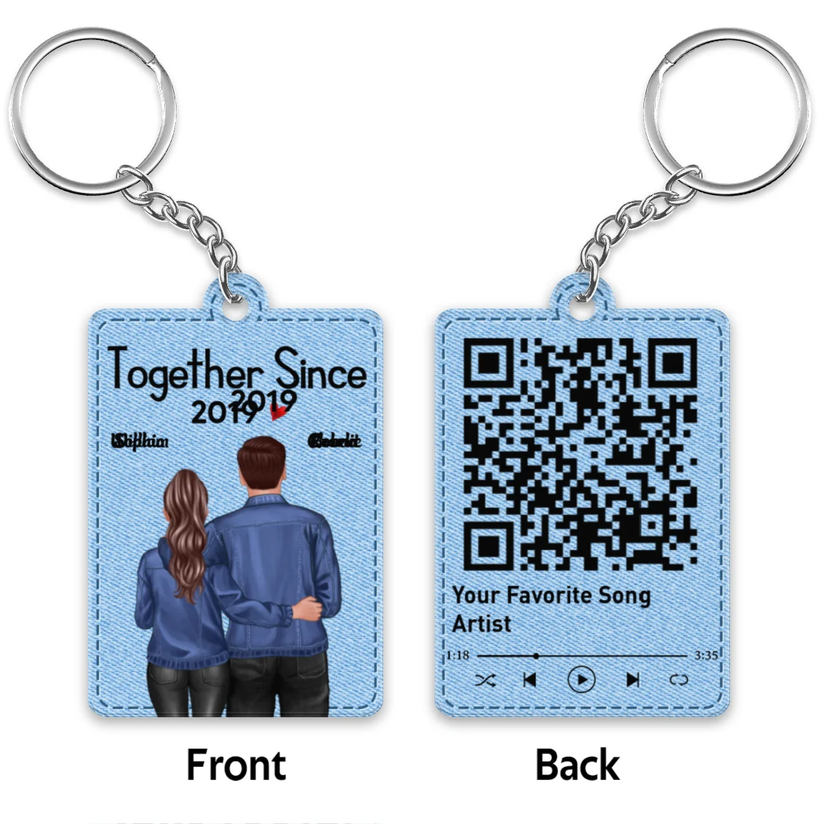 Denim Back View Couple Standing Hugging Favorite Song Scannable QR Code Personalized Acrylic Keychain - Image 4