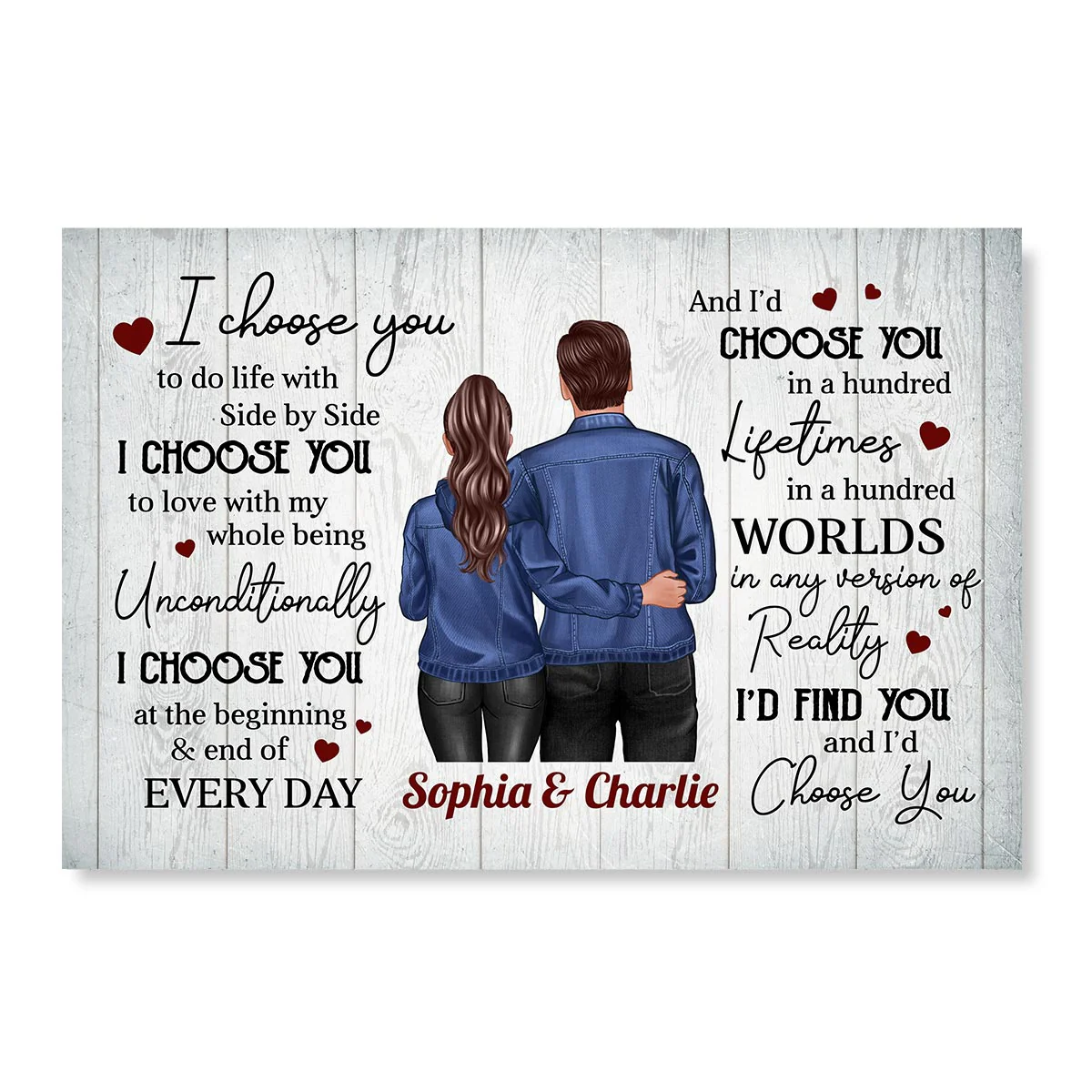 Denim Back View Couple Standing Hugging Personalized Horizontal Poster