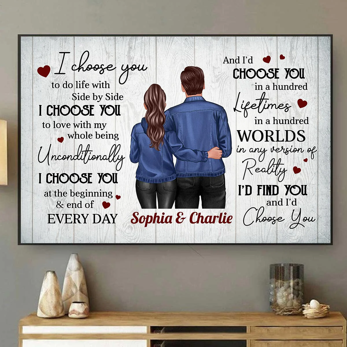 Denim Back View Couple Standing Hugging Personalized Horizontal Poster - Image 3