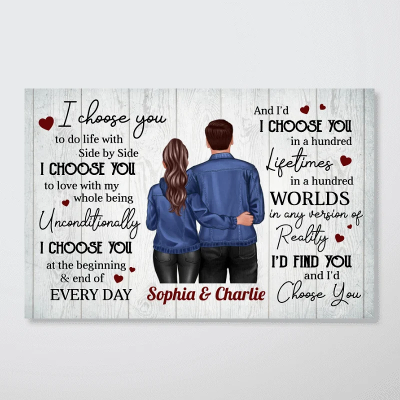 Denim Back View Couple Standing Hugging Personalized Horizontal Poster - Image 4