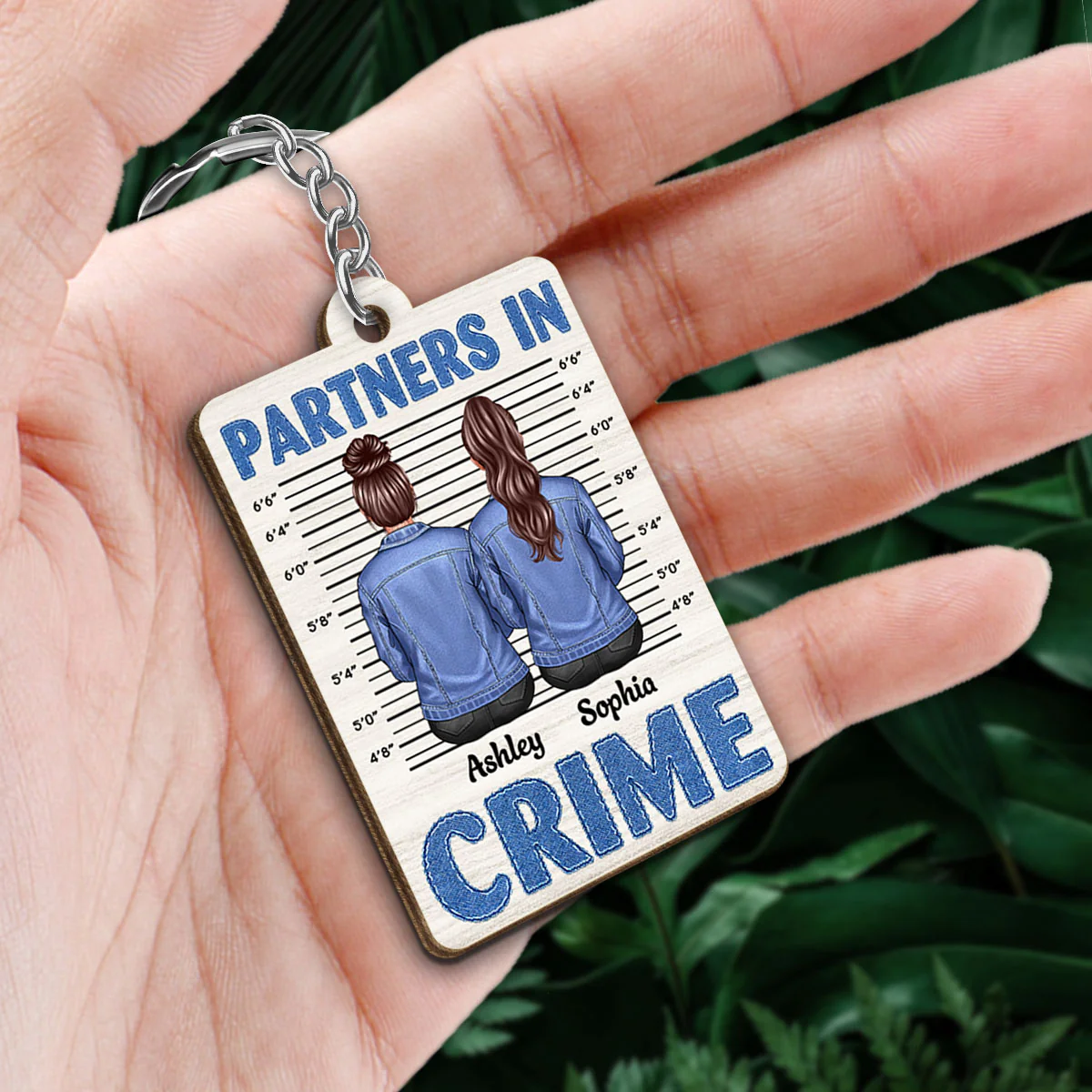 Denim Jacket Besties Sisters Back View Partners In Crime Personalized Wooden Keychain - Image 2