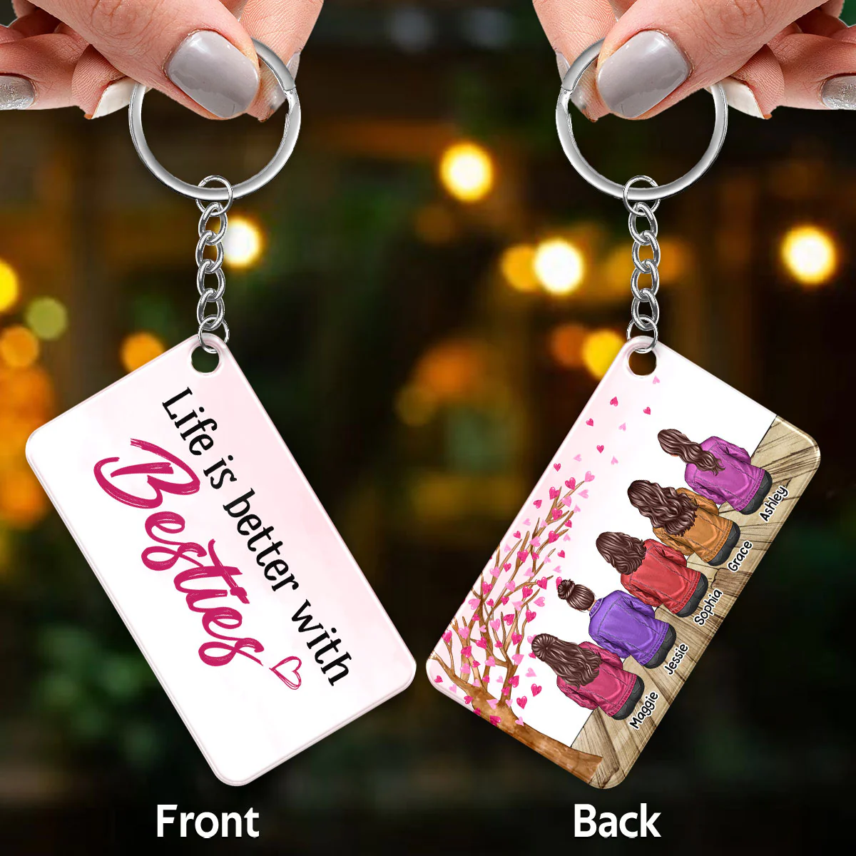 Denim Jacket Besties Sisters Under The Pink Heart Tree Personalized Acrylic Keychain - Image 3