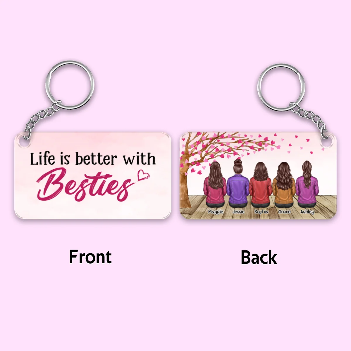 Denim Jacket Besties Sisters Under The Pink Heart Tree Personalized Acrylic Keychain - Image 4