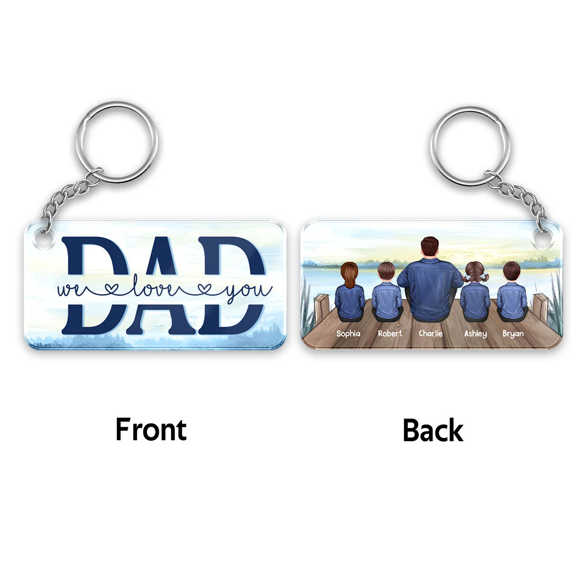 Denim Jacket Dad And Kids Sitting Back View Lake Personalized Acrylic Keychain