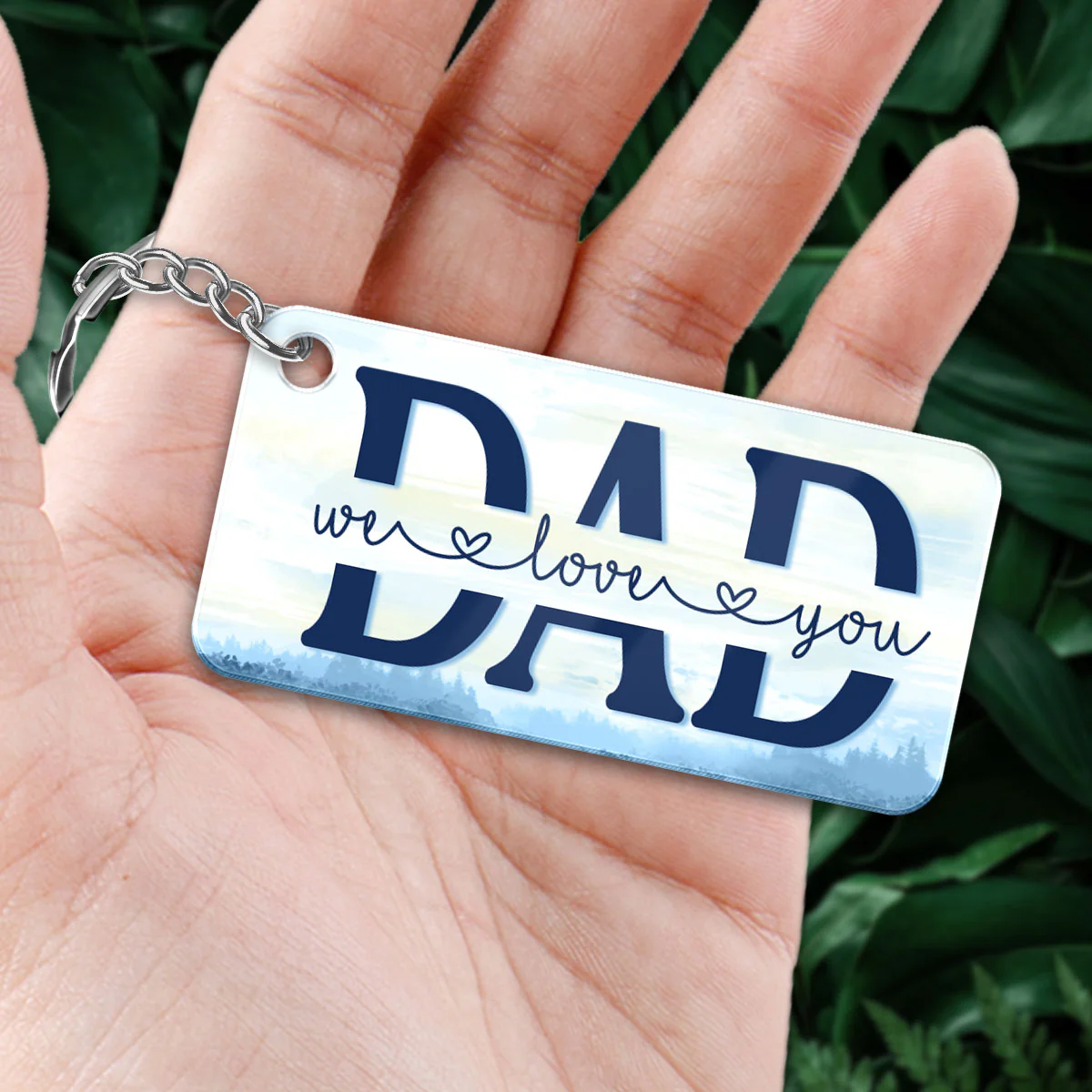 Denim Jacket Dad And Kids Sitting Back View Lake Personalized Acrylic Keychain - Image 2