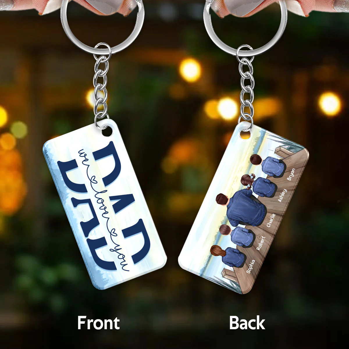 Denim Jacket Dad And Kids Sitting Back View Lake Personalized Acrylic Keychain - Image 3
