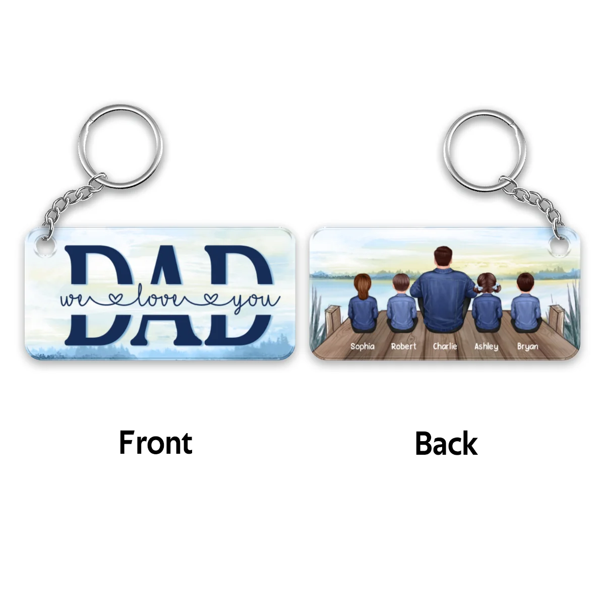 Denim Jacket Dad And Kids Sitting Back View Lake Personalized Acrylic Keychain - Image 4