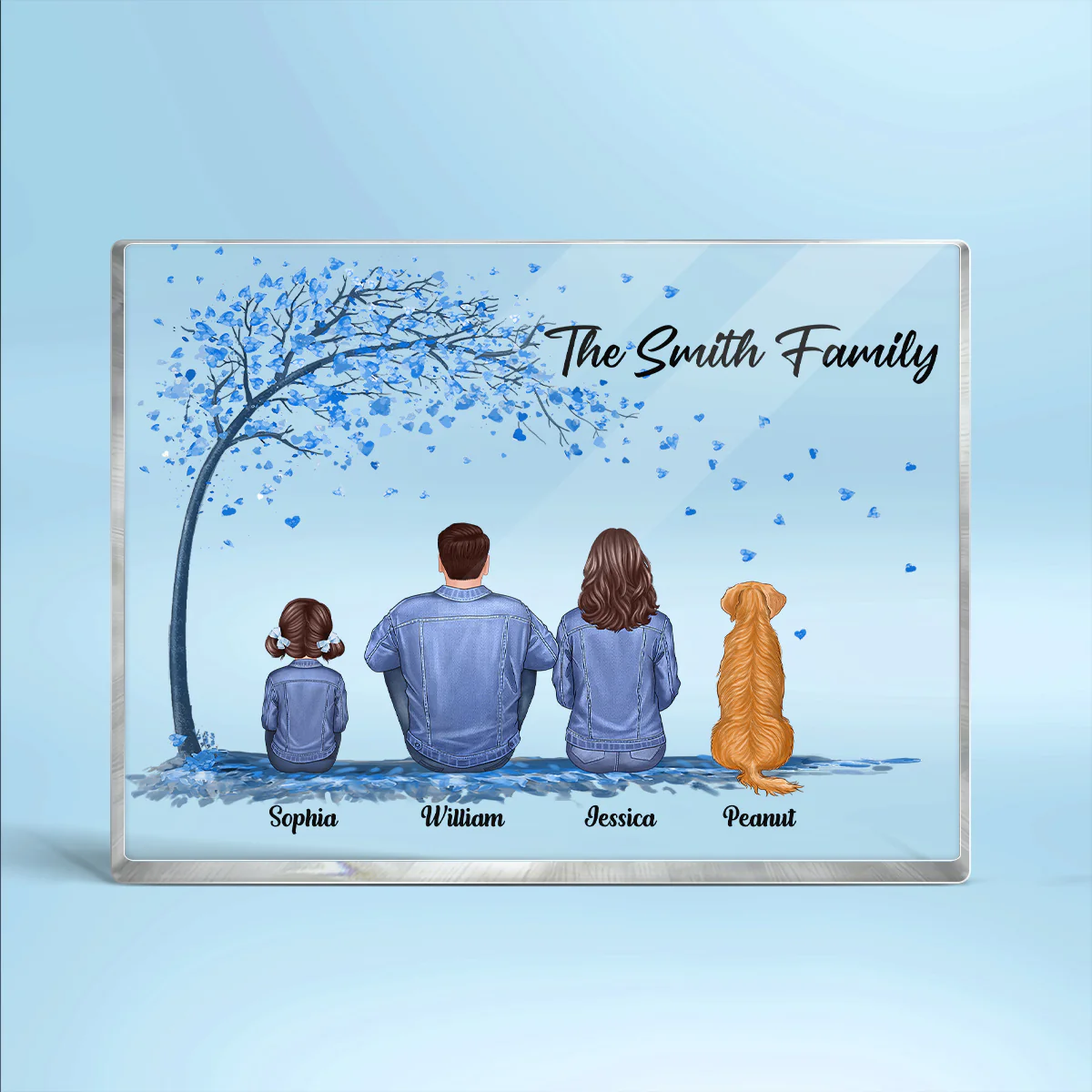 Denim Jacket Family Sitting Under Blue Tree Personalized Rectangle Acrylic Block Plaque - Image 2