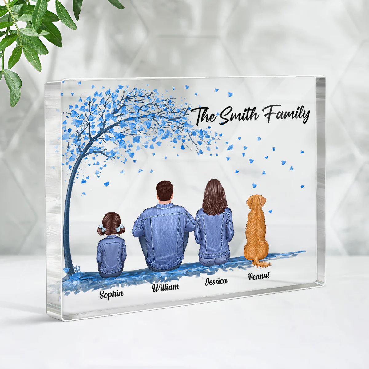 Denim Jacket Family Sitting Under Blue Tree Personalized Rectangle Acrylic Block Plaque - Image 3