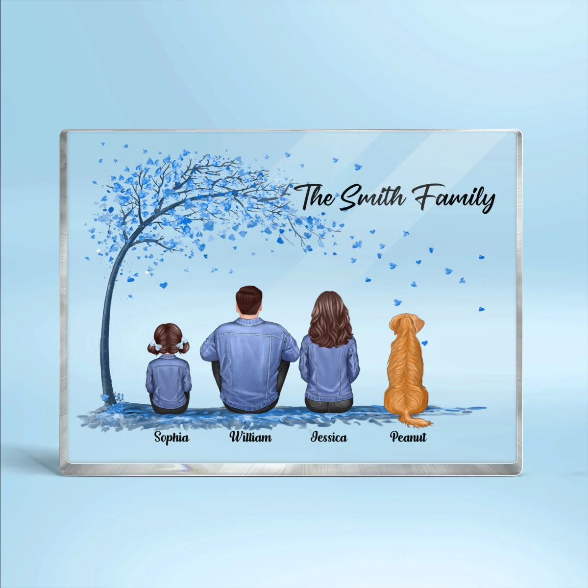 Denim Jacket Family Sitting Under Blue Tree Personalized Rectangle Acrylic Block Plaque - Image 4