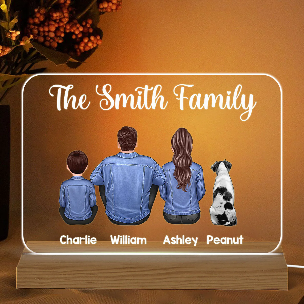 Denim Jacket Sitting Back View Family Personalized Warm Acrylic Custom Shape LED Night Light - Image 2