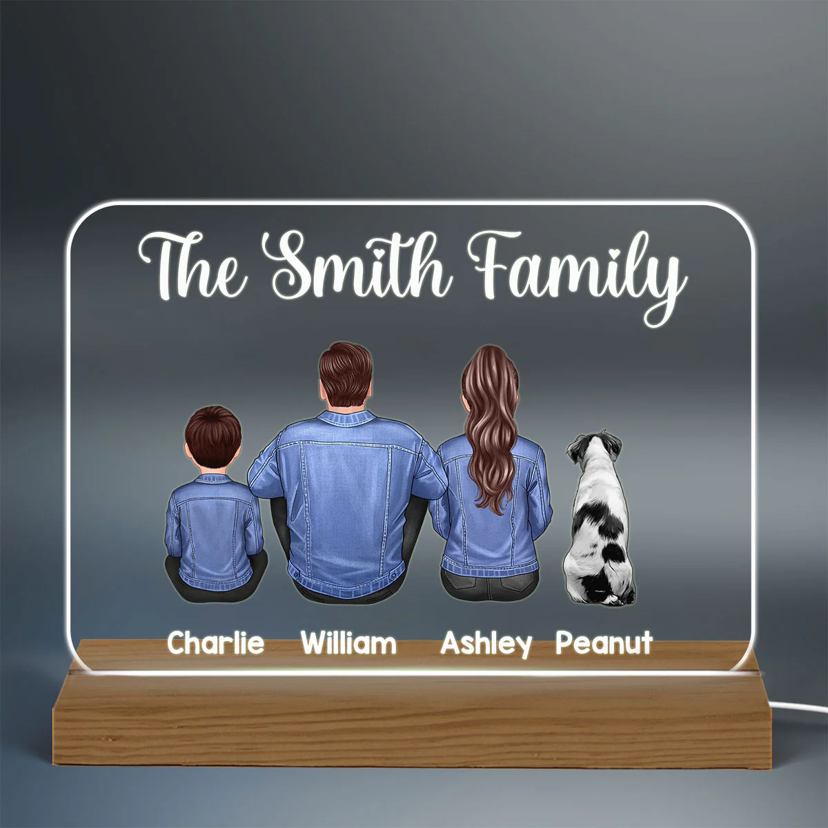 Denim Jacket Sitting Back View Family Personalized Warm Acrylic Custom Shape LED Night Light - Image 3