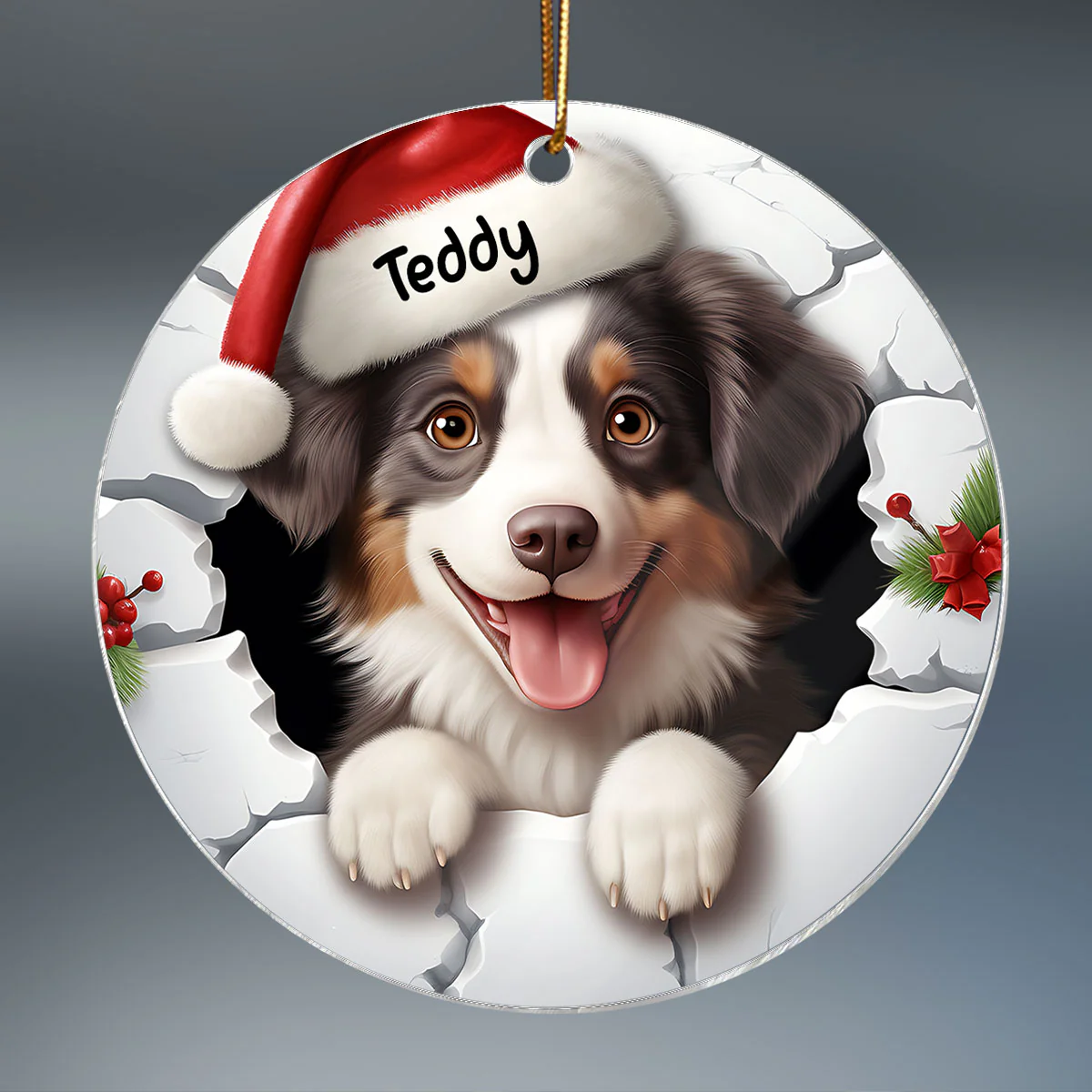 Dog Breaking Through Funny Christmas Personalized Acrylic Ornament - Image 3