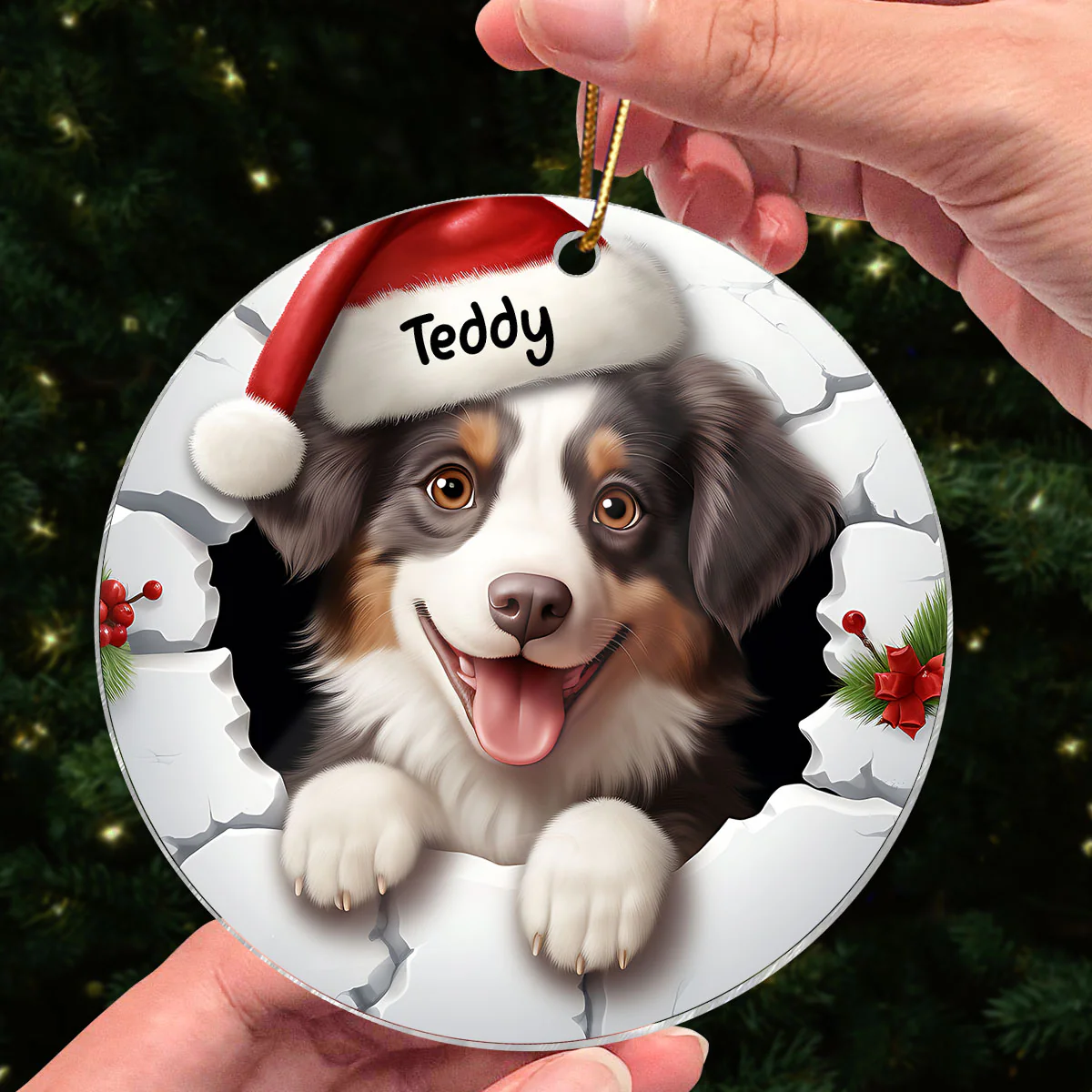 Dog Breaking Through Funny Christmas Personalized Acrylic Ornament - Image 4