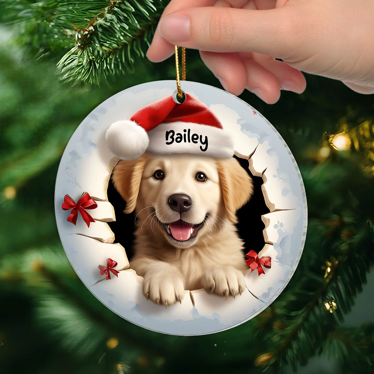Dog Breaking Through Funny Christmas Personalized Acrylic Ornament - Image 5
