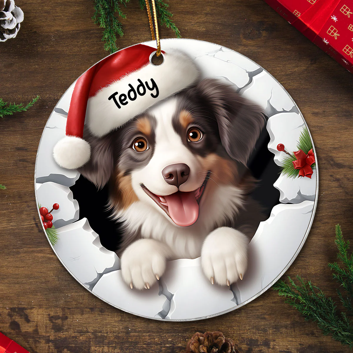Dog Breaking Through Funny Christmas Personalized Acrylic Ornament - Image 6