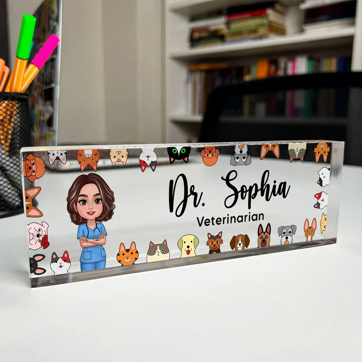 Dog Cat Veterinarian Personalized Acrylic Desk Name Plate, Christmas Gift For Vet