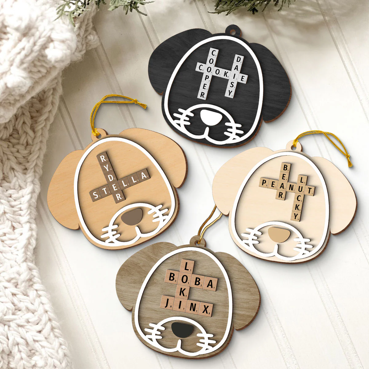 Dog Face Crossword Names Personalized 2-Layer Wooden Ornament, Christmas Gift for Dog Lovers