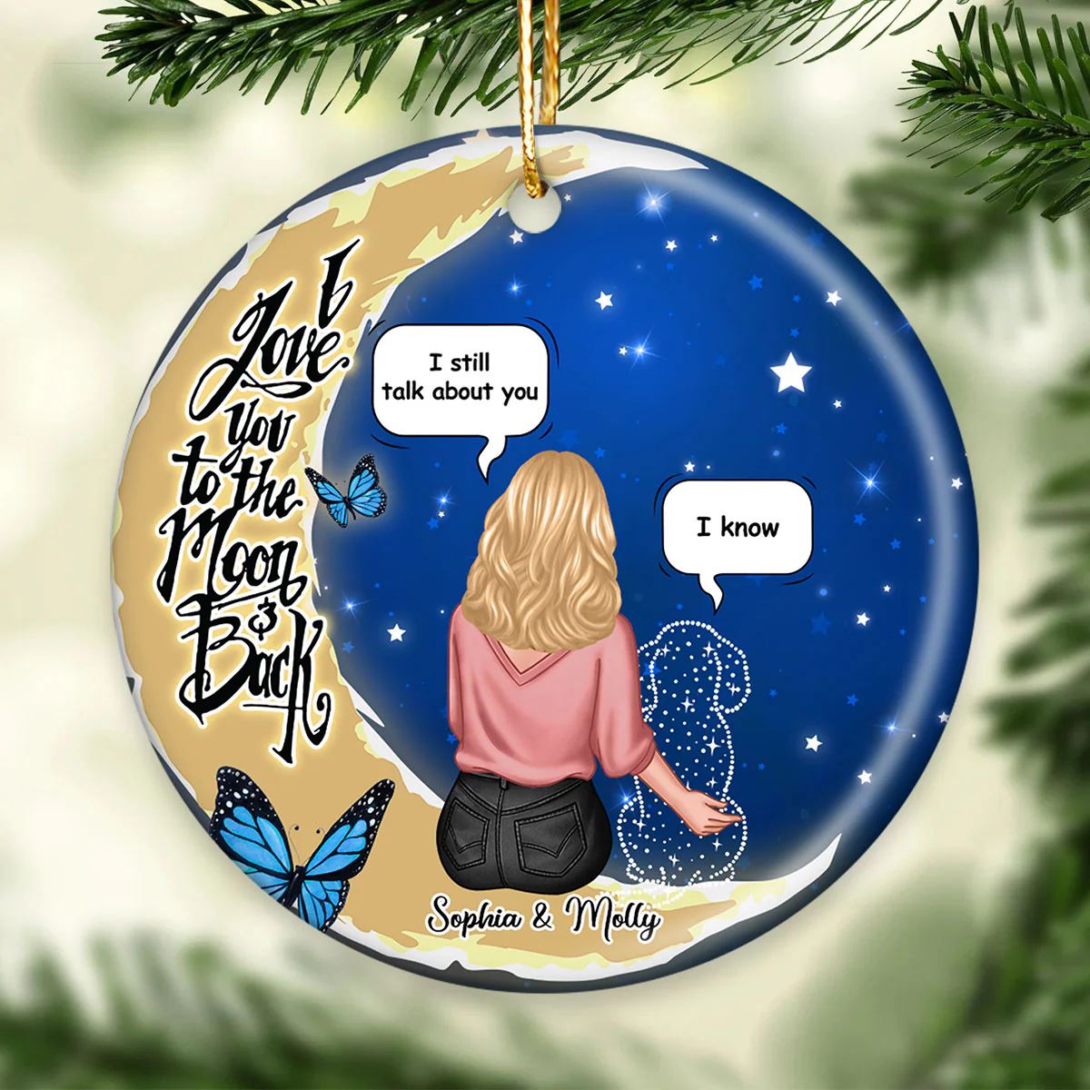 Dog Memorial Sitting On Moon Personalized Circle Ceramic Ornament