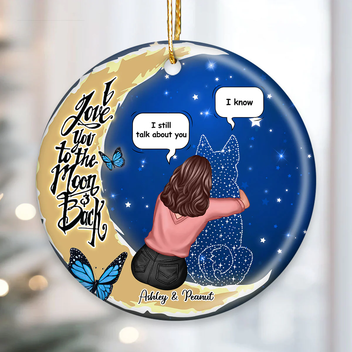 Dog Memorial Sitting On Moon Personalized Circle Ceramic Ornament - Image 3