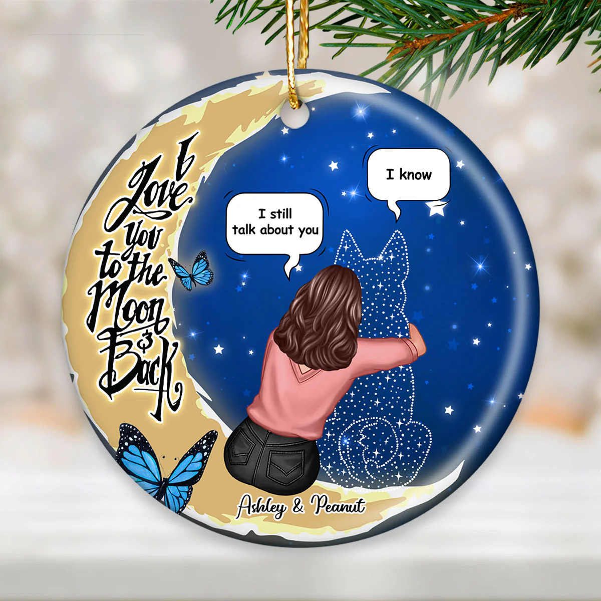Dog Memorial Sitting On Moon Personalized Circle Ceramic Ornament - Image 5
