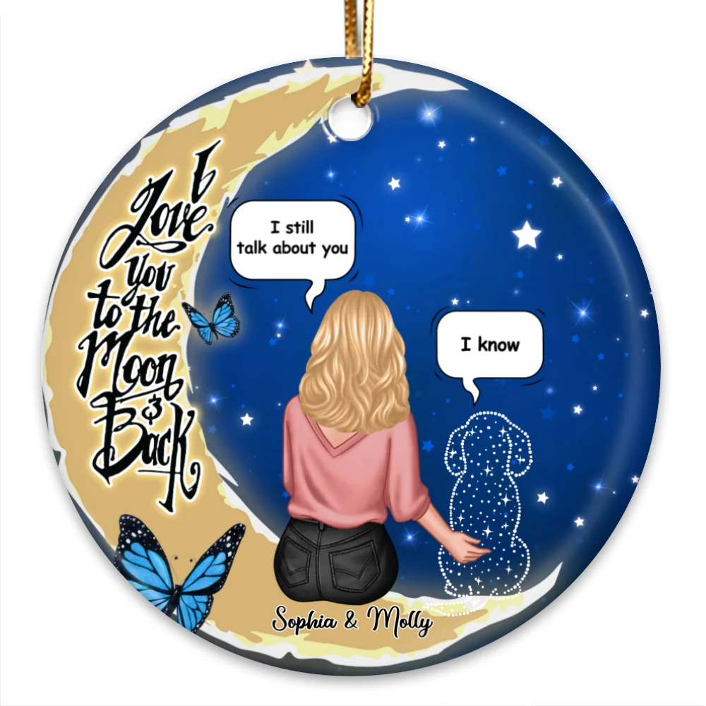 Dog Memorial Sitting On Moon Personalized Circle Ceramic Ornament - Image 8