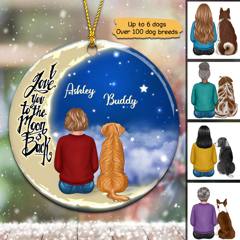 Dog Mom And Dog On Moon Personalized Circle Ornament - Image 2