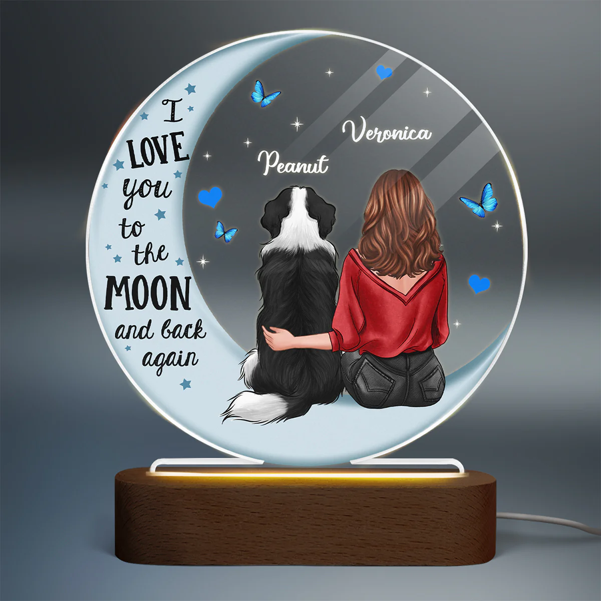 Dog Mom Blue Moon Personalized Circle Plaque LED Night Light - Acrylic LED Lamp - Valentine‘s Day Gift For Him, Gift For Her