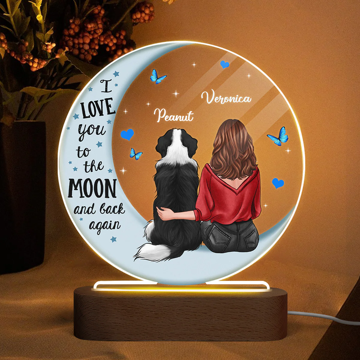 Dog Mom Blue Moon Personalized Circle Plaque LED Night Light - Acrylic LED Lamp - Valentine‘s Day Gift For Him, Gift For Her - Image 3