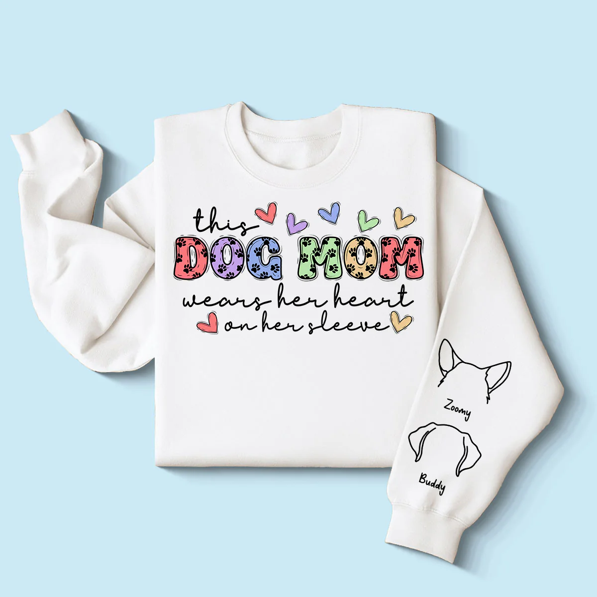 Dog Mom Colorful Paw Pattern, This Dog Mom Wears Her Heart On Her Sleeve, Custom Dog Name, Dog Mama, Personalized Sleeve Printed Sweatshirt