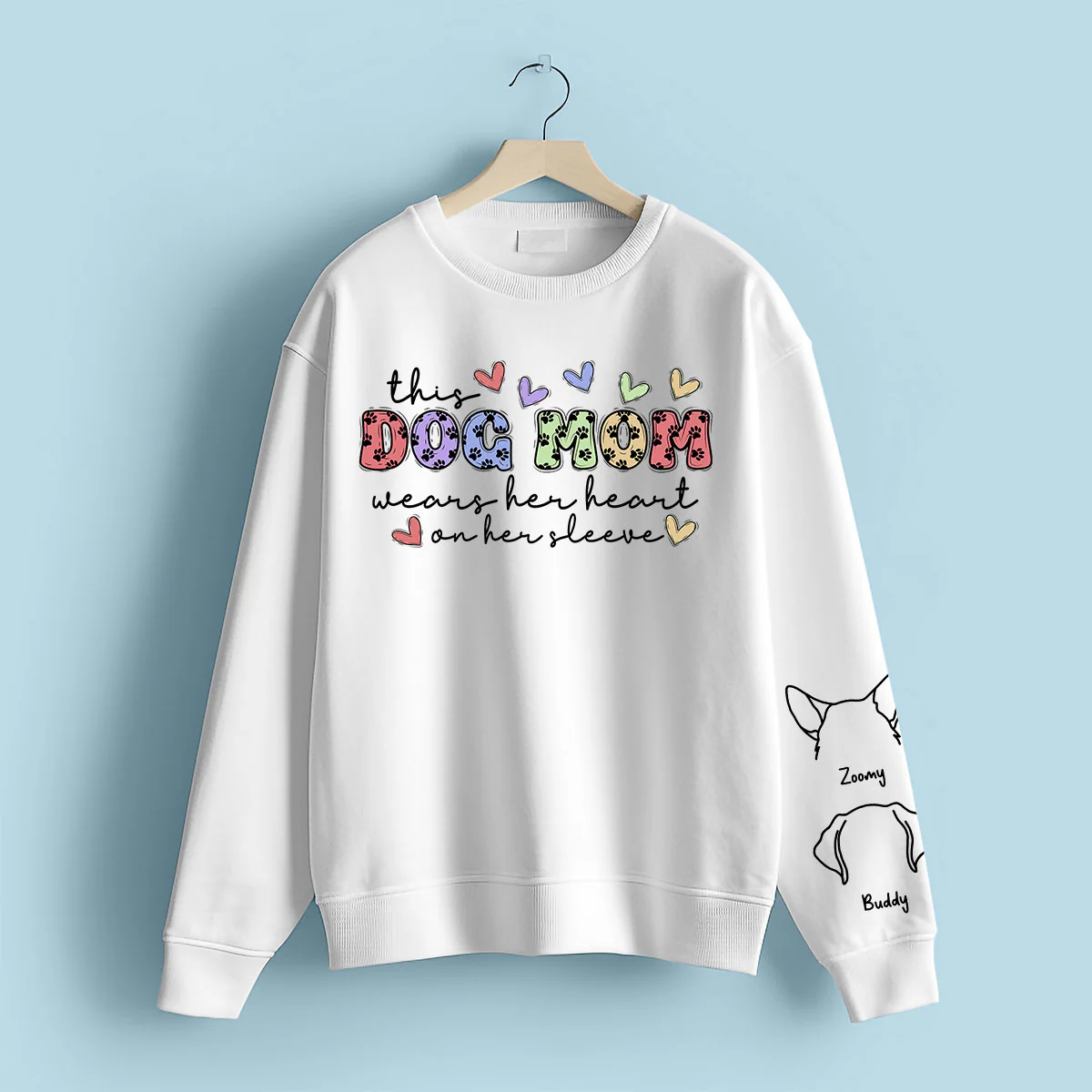 Dog Mom Colorful Paw Pattern, This Dog Mom Wears Her Heart On Her Sleeve, Custom Dog Name, Dog Mama, Personalized Sleeve Printed Sweatshirt - Image 2