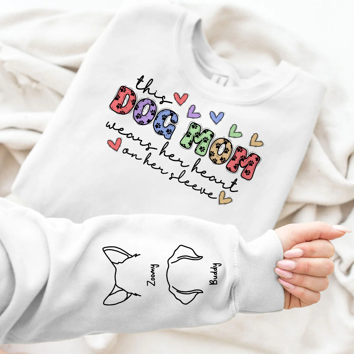 Dog Mom Colorful Paw Pattern, This Dog Mom Wears Her Heart On Her Sleeve, Custom Dog Name, Dog Mama, Personalized Sleeve Printed Sweatshirt - Image 3