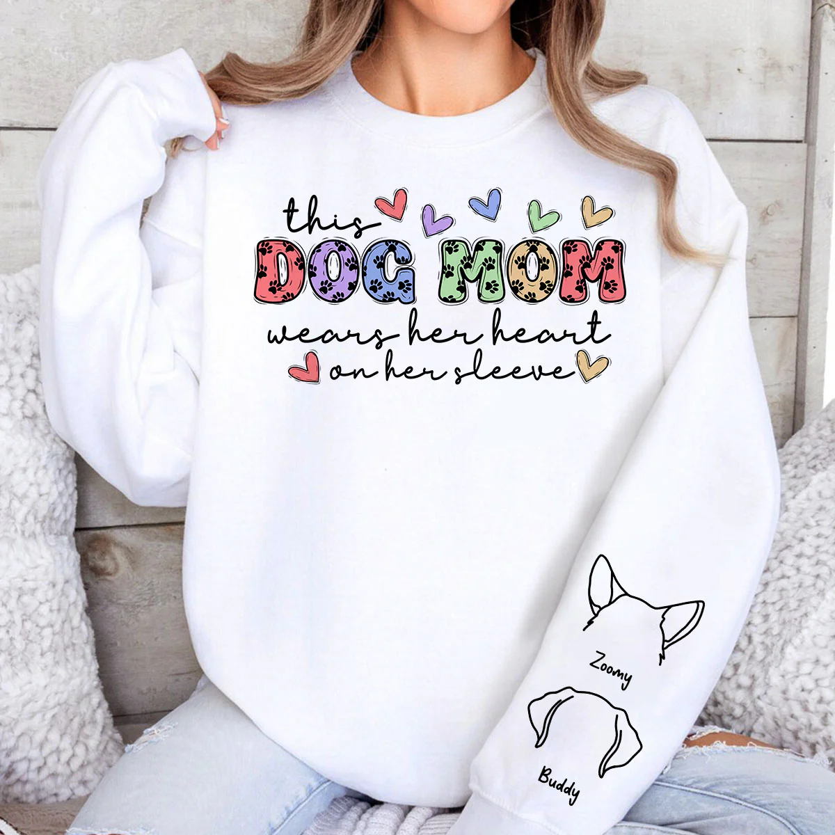 Dog Mom Colorful Paw Pattern, This Dog Mom Wears Her Heart On Her Sleeve, Custom Dog Name, Dog Mama, Personalized Sleeve Printed Sweatshirt - Image 4