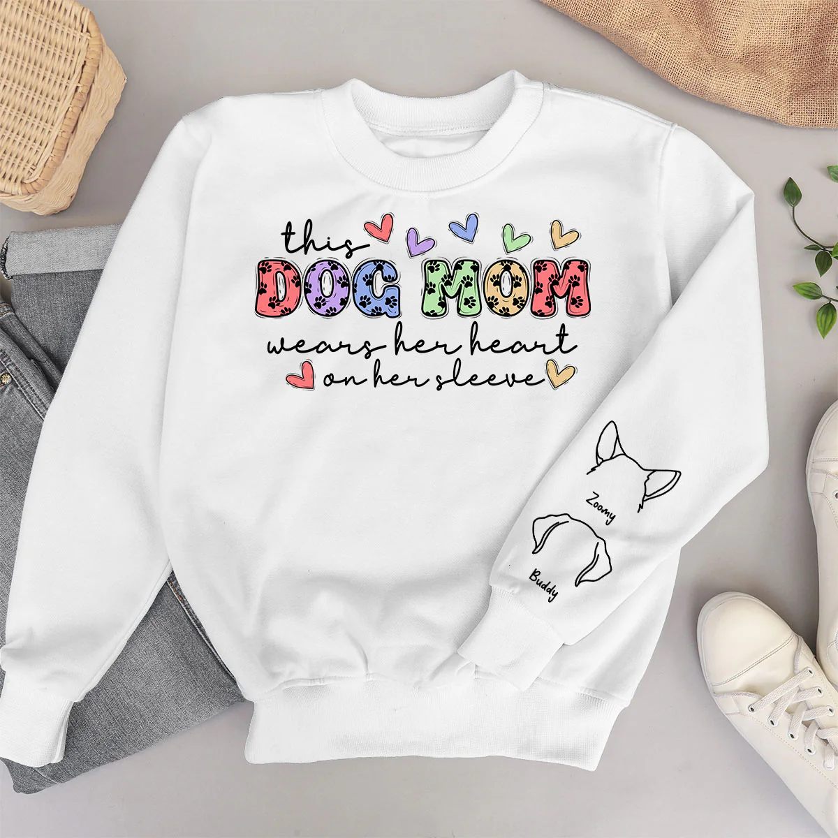 Dog Mom Colorful Paw Pattern, This Dog Mom Wears Her Heart On Her Sleeve, Custom Dog Name, Dog Mama, Personalized Sleeve Printed Sweatshirt - Image 5