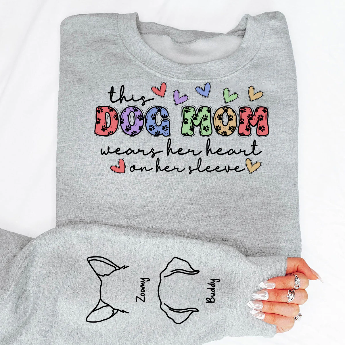 Dog Mom Colorful Paw Pattern, This Dog Mom Wears Her Heart On Her Sleeve, Custom Dog Name, Dog Mama, Personalized Sleeve Printed Sweatshirt - Image 6